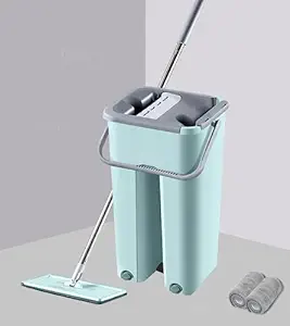 STELLIX Mop with Bucket for Floor Cleaning|Flat Mop with Telescopic Stick for Cleaning Floor|Wet & Dry Cleaning Operation with Self Clean System|Equipped with 2 Microfiber Pad|Small Green
