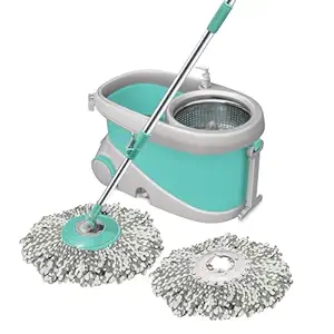 Spotzero by Milton Prime Spin Mop with Big Wheels and Stainless Steel Wringer, Bucket Floor Cleaning and Mopping System, 2 Microfiber Refills, Aqua Green