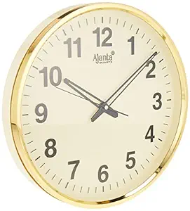 Ajanta Quartz Wall Clock (32 Cm X 32 Cm X 3.5 Cm, Gold, Plastic)