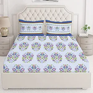 Layers 100% Cotton Bedsheet for Double Bed with Pillow Cover Set, 140 TC (Purple/Green, Floral Pattern) Uphaar Collection, Light Weight, Moisture Absorbent, All Season Comfort