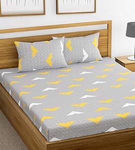 HUESLAND by Ahmedabad Cotton 144 TC Cotton Bedsheet for Double Bed with 2 Pillow Covers – Grey, Yellow & White