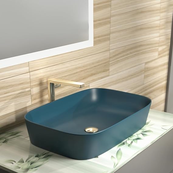 Kohler Modern Life Countertop Wash Basin, Drain Cut Only Slim Rim Bathroom Sink (24x 16x 5cm, Peacock Matte Finish, Rectangular Thin Ceramic Vessel)