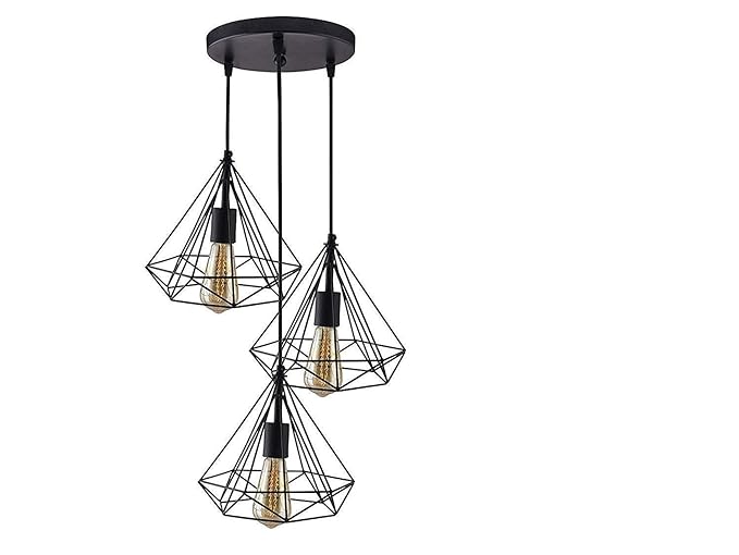 Groeien 3 Lights Cluster Chandelier Diamond Hanging Pendant Light With Braided Cord, Black, Round , Metal