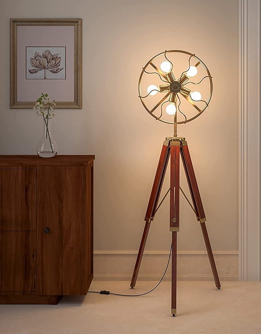 Nautical Gallery Wooden Brown and Brass Antique Gold 5ft Height Adjustable Tripod Floor Lamp Standing with Moveable Wheel Fan LightWooden Reading Lights for Kids, Bedroom, Living Room (Brown)