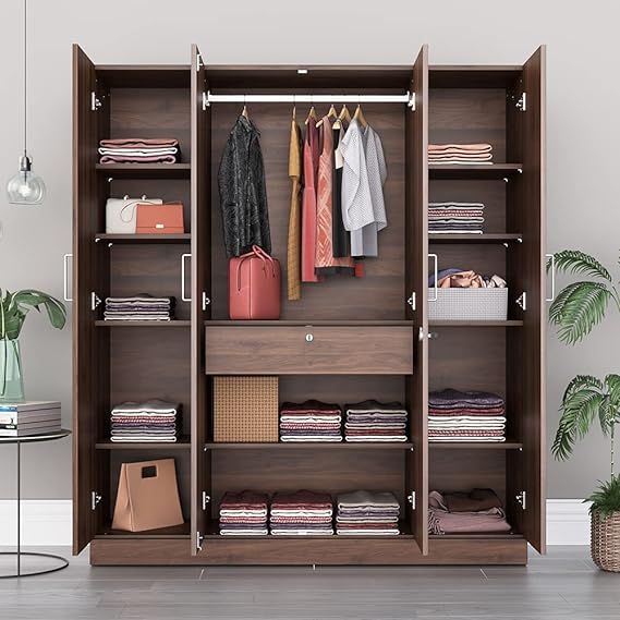 Wakefit Wardrobe | 1 Year Warranty | Wardrobe for Clothes, Almirah for Clothes, Cupboard, Almirah Wooden, Gingham 4 Door with Mirror, 1 Drawer & 1 Hanging Space, 18MM Panels (Columbian Walnut)