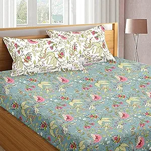 Trance Home Linen Jaipuri Design 180TC 100% Cotton King Size Printed Bedsheet | Bedding Set of King Size Flat Bed Cover with 2 Pillow Covers (108×108 inch | 9ft x 9ft – Calicut Green White)