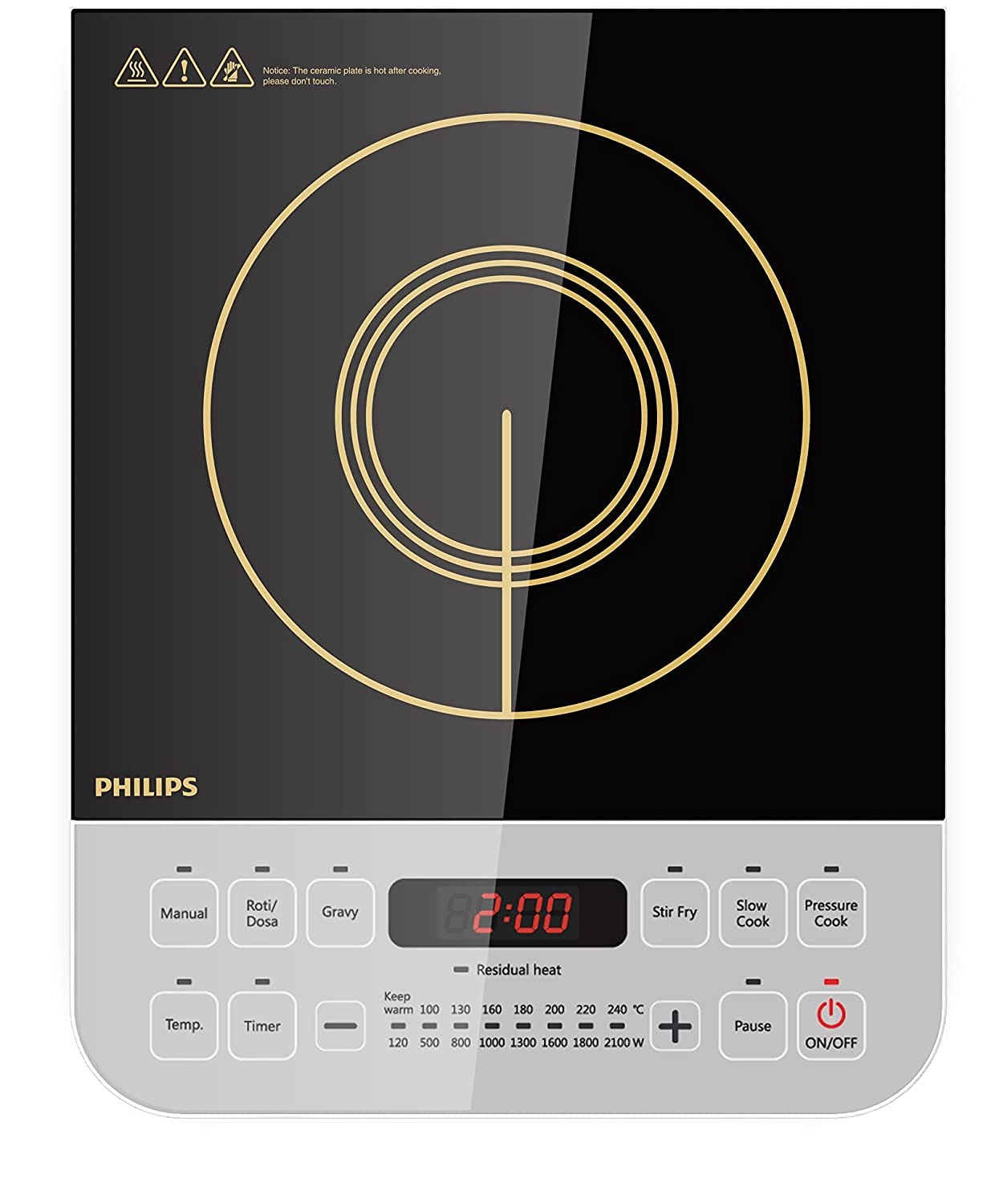Philips Viva Collection HD4928/01 2100-Watt Induction Cooktop with Push Buttons and Crystal Glass Plate (Black)