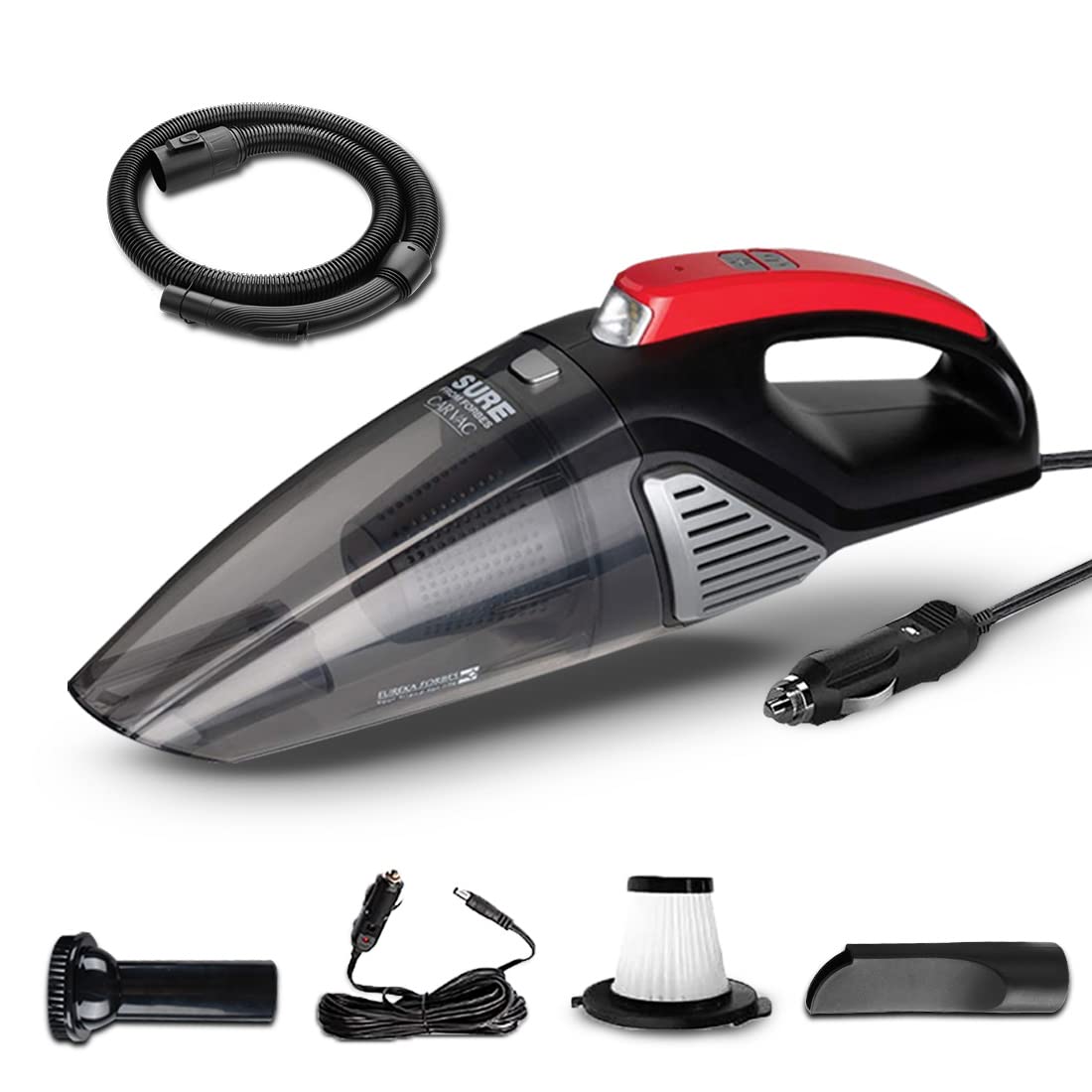 car Vac 100 Watts Powerful Suction Vacuum Cleaner with Washable HEPA Filter, 3 Accessories,Compact,Light Weight & Easy to use (Black and Red)