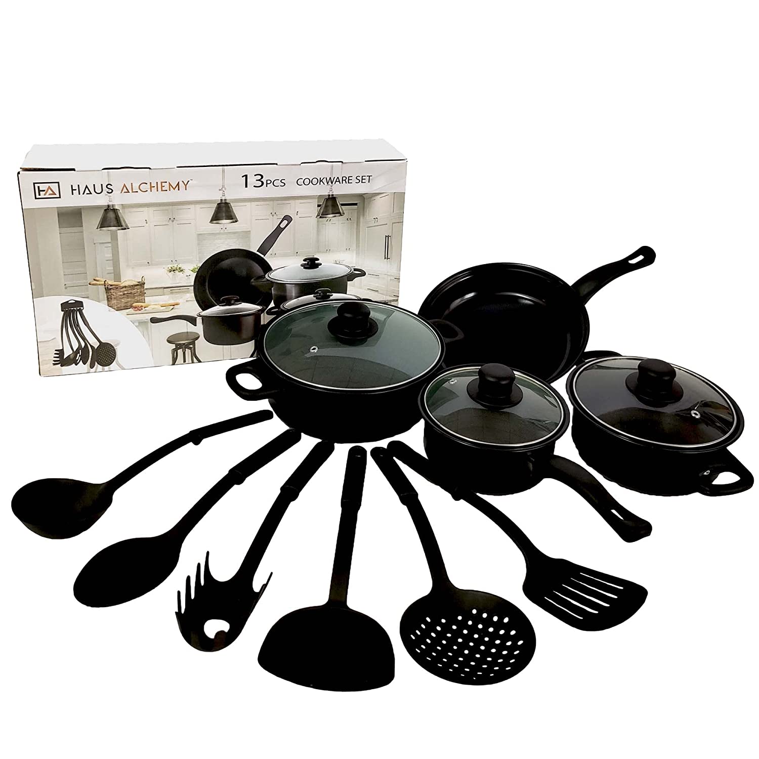 Haus Alchemy 13 Pieces Non-Stick Iron Kitchen Cookware Set with Lids Includes 1pc Frying Pan, 2Pcs Casserole, 1Pc Sause Pan with 3 Lids & 6Pcs Ladle Set Induction Safe, Beginner Cooking Kit