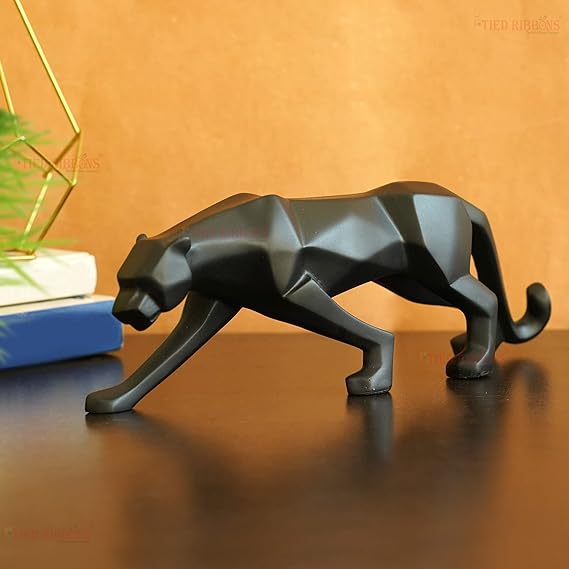 TIED RIBBONS Modern Geometrical Black Panther Jaguar Sculpture Showpiece Animal Figurines Decorative Item for Home Dcor Living Room Bedroom Table Top Decoration (10.1 cm x 26.6 cm), Resin