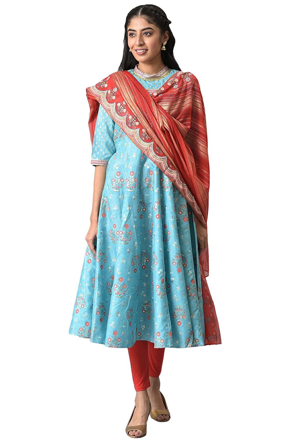 Women’s Polyester Floral Regular Blue Foil Kurta with Red Tights and Printed Dupatta