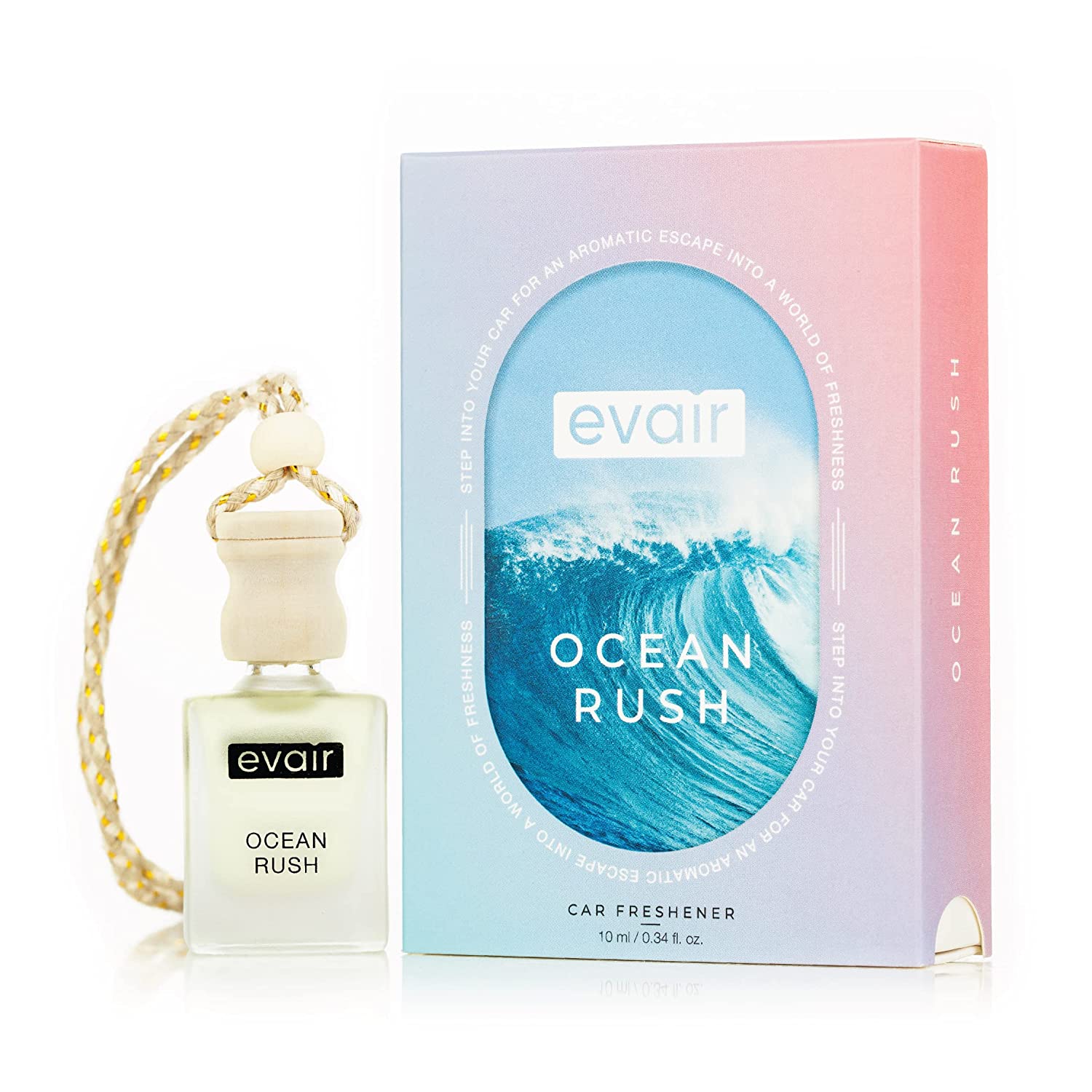 Evair Car Air Freshener with Essential Oils Fragrance in Glass Bottle with Wooden Diffuser Lid | 10 ml – Pack of 1 (Ocean Rush)
